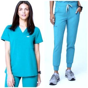 FIGS Teal 2 pc Scrubs Set Catarina Top XS Zamora Jogger Pants XS Petite Blue